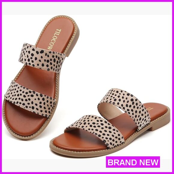 Shoes - Women's Flat Sandals Slip On Double Strap Casual Summer Slides with Rivets